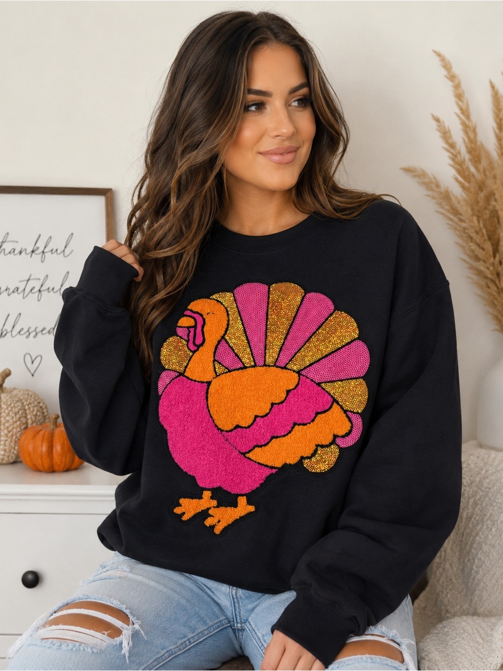 Black Women's Pullover Sweatshirt with Pink & Orange Glitter Chenille Turkey
